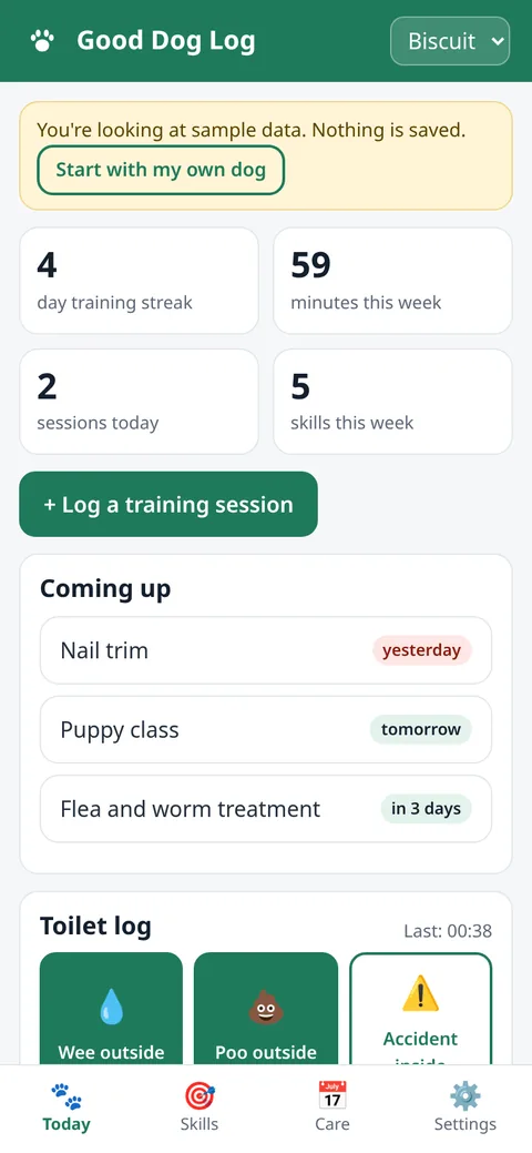 Good Dog Log screenshot: Today view with stats, upcoming reminders and toilet log