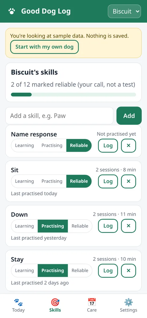 Good Dog Log screenshot: Skills view with progress stages