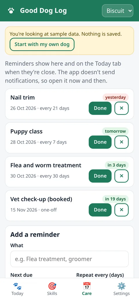 Good Dog Log screenshot: Care reminders view