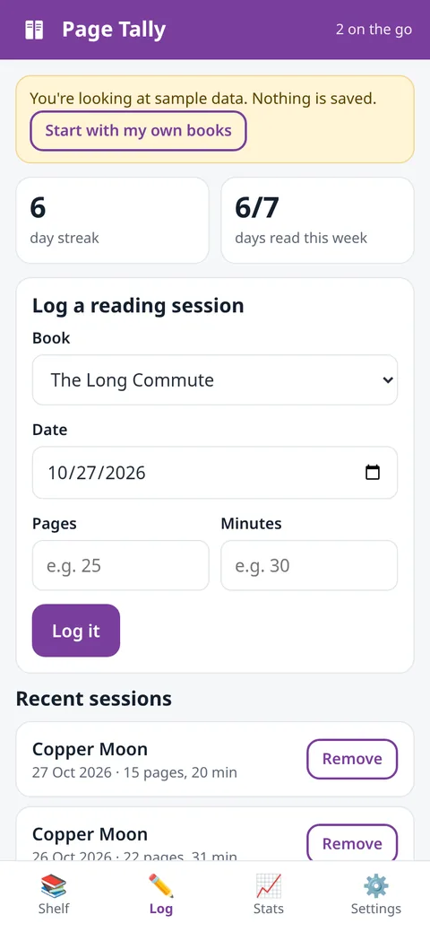 Page Tally screenshot: Log view for a reading session and day streak