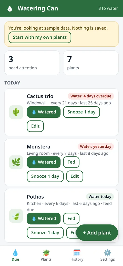 Watering Can screenshot: Due today view with overdue plants