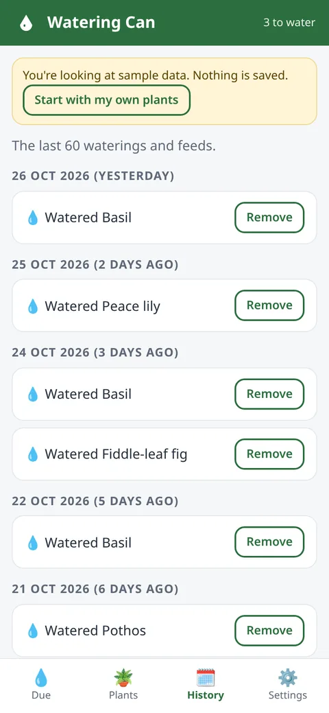 Watering Can screenshot: Watering history